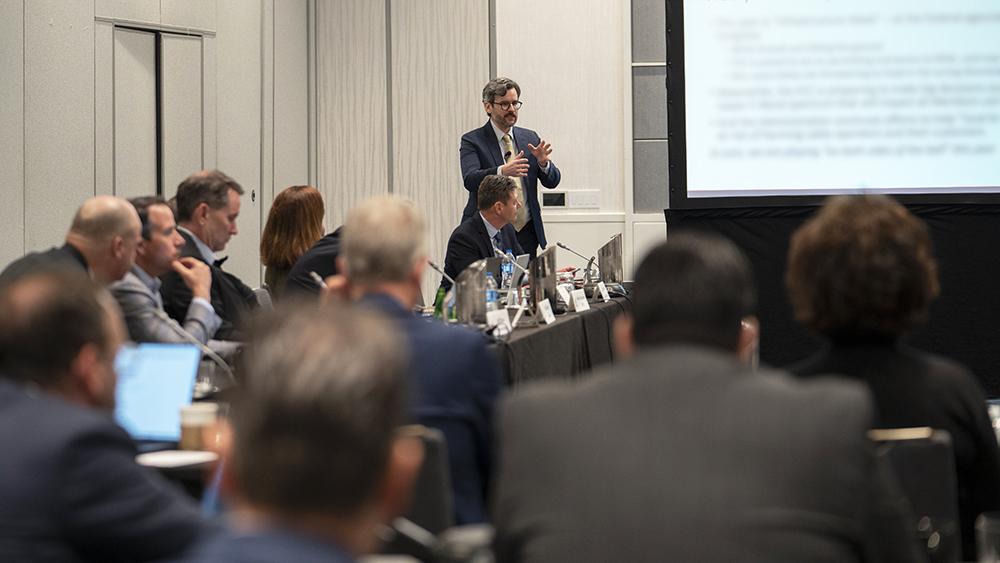 America's Communications Association (ACA Connects) Senior Vice President of Regulatory Affairs Brian Hurley delivers a regulatory affairs update during a Quarterly Board of Directors Meeting.
